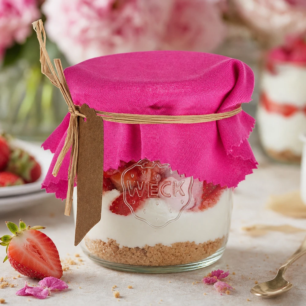 Roze stoffen doily 12cm vierkant DIY-decoratie voor inmaakpot met aardbeientoetje en knutselinstructies