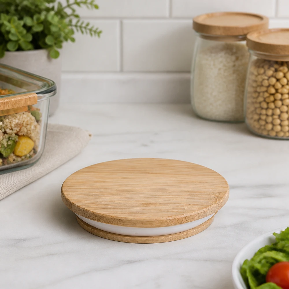 WECK RR80 houten deksel op marmeren werkblad met voorraadpotten en maaltijdcontainers in een moderne keuken