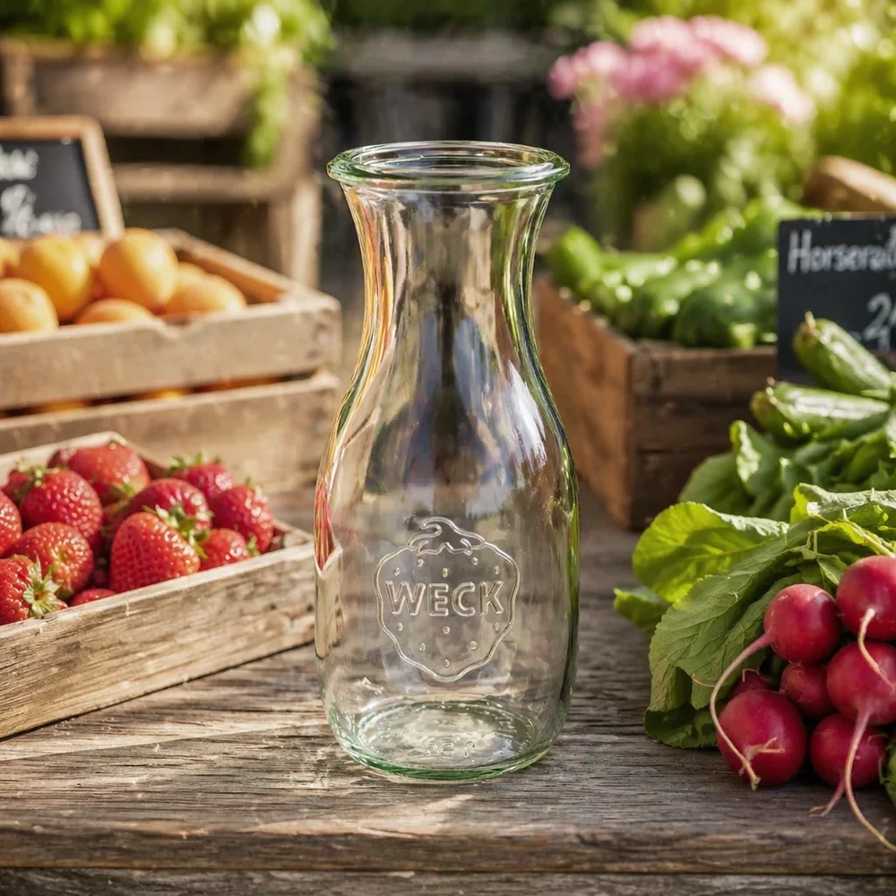 WECK sapfles 530ml RR60 op een houten tafel met verse aardbeien, radijsjes en groenten in een rustieke keuken