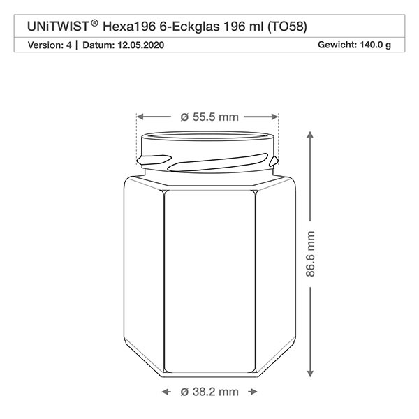 196ml hexaglas zonder deksel (TO58) UNiTWIST UNiTWIST Hexa196 zeshoekige meterkan 196ml TO58 schroefdraad technische tekening met afmetingen 55,5mm diameter