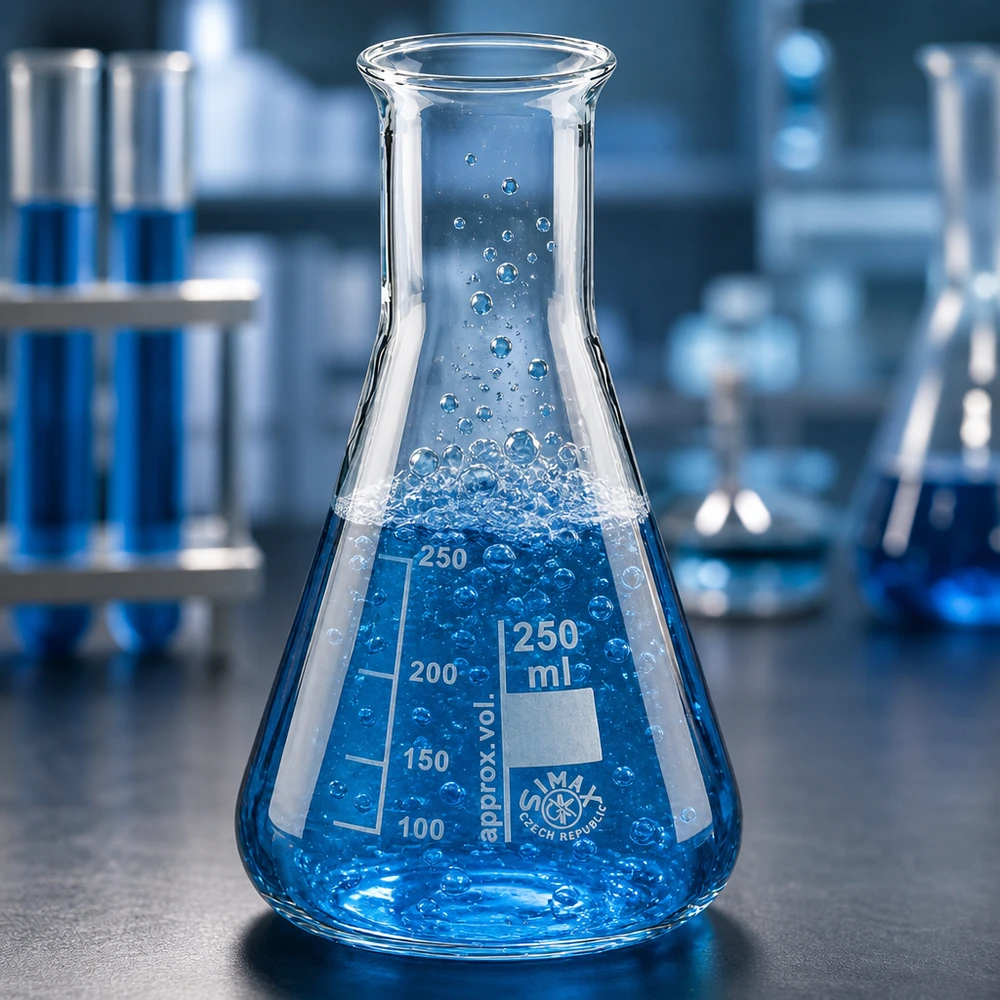 Erlenmeyer 250ml nauwe hals borosilicaat met afgeronde rand Erlenmeyer 250 ml gevuld met reactief blauw chemisch product in een steriele laboratoriumomgeving