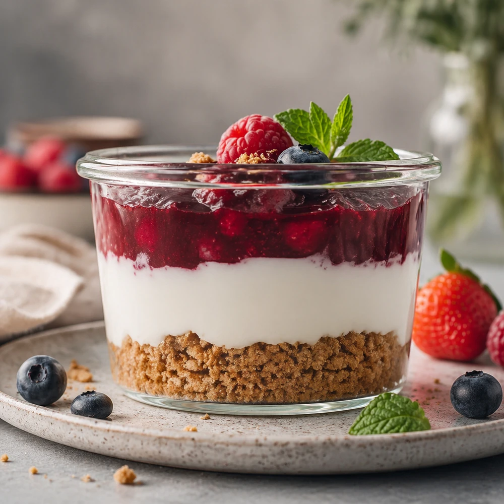 WECK 35ml mason jar met gelaagd dessert van biscuitbodem, witte room en bessencompote gegarneerd met munt