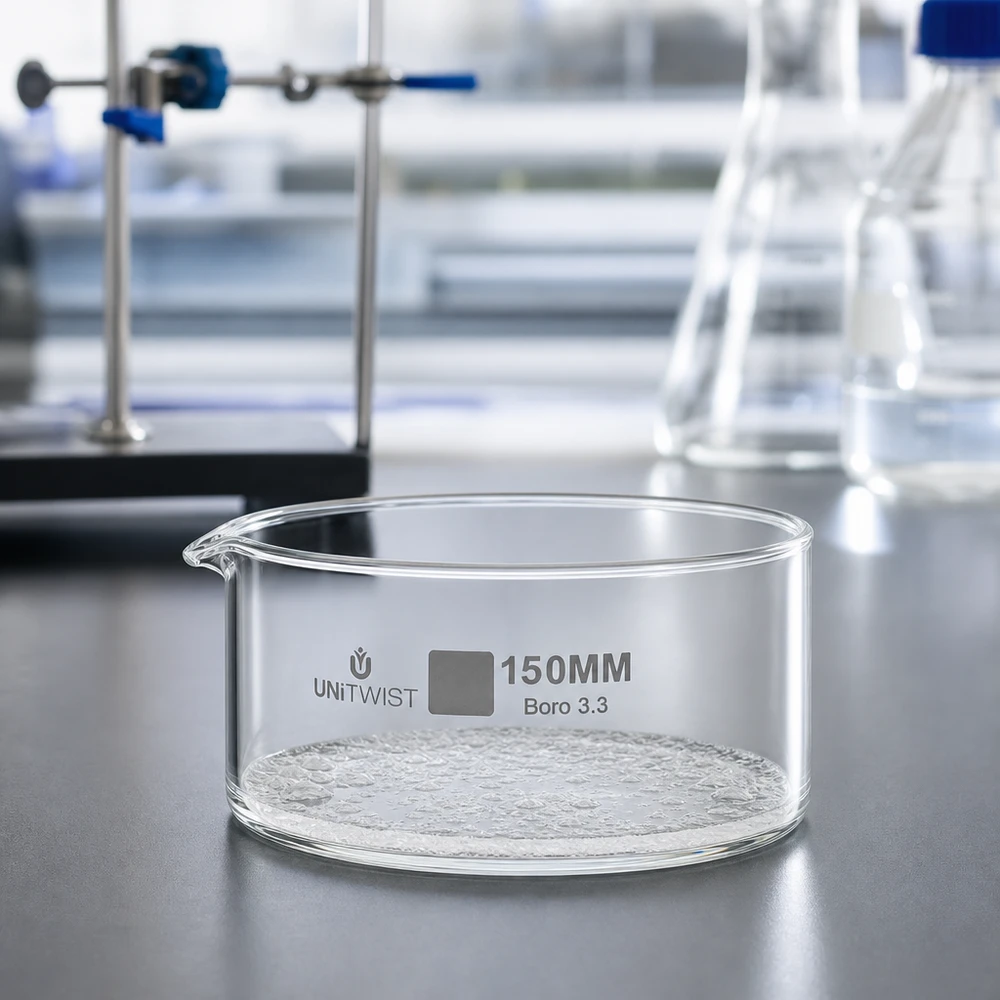 Kristalliseer schaal ø150mm borosilicaatglas UNiTWIST Vlakke kristallisatieschaal UNiTWIST 150 mm, hittebestendig borosilicaatglas, laboratoriumomgeving