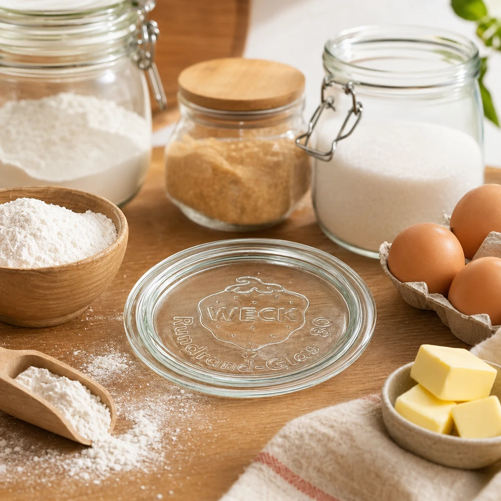 WECK RR80 glazen deksel omringd door bakingrediënten zoals bloem, eieren, boter en melk in een rustieke keuken op een houten tafel