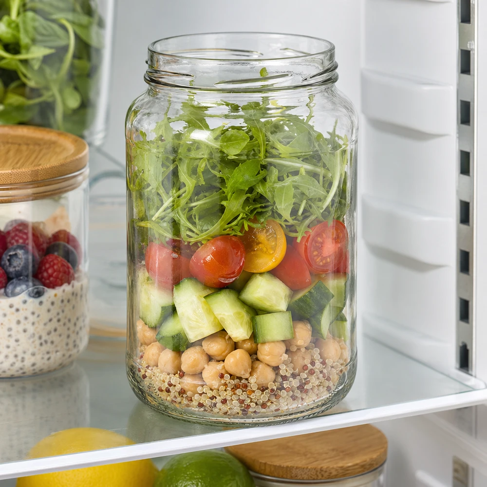 UNiTWIST Runda1700 bekers 1700ml TO100 met gelaagde salade quinoa kikkererwten komkommer tomaten rucola in de koelkast