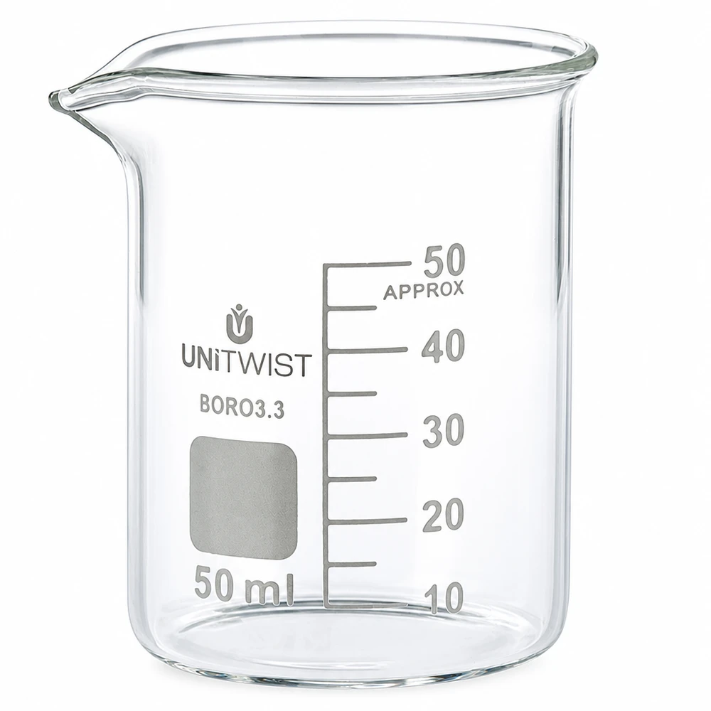 Beker 50ml borosilicaat, lage vorm UNiTWIST Becherglas, laag model, 50 ml, voor laboratoriumgebruik, chemie, borosilicaatglas, helder, UNiTWIST BORO