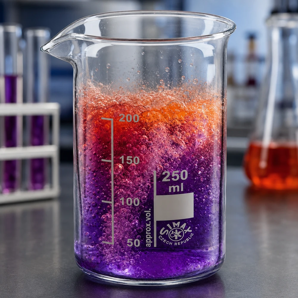 Bekerglas 250 ml van hittebestendig borosilicaatglas (hoog model) Laboratoriumopstelling met een 250 ml bekerglas (hoge vorm) van borosilicaatglas en een reageerbuisstandaard op de achtergrond