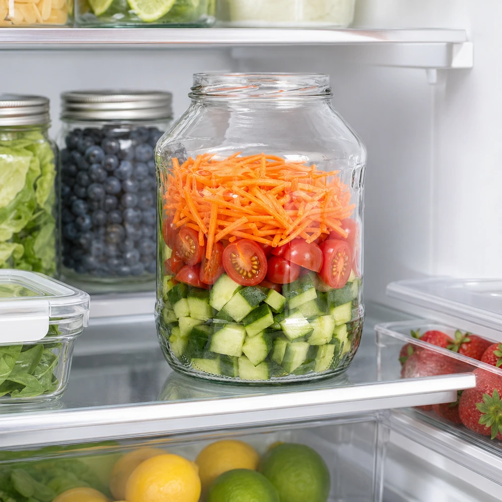 UNiTWIST Runda2650 tumblers 2650ml in de koelkast met gelaagde salade van komkommer tomaten wortelen Meal Prep