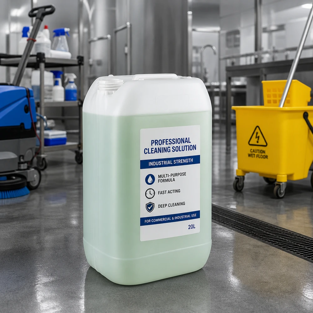 Rechthoekige vloeistofkan van 15 liter zonder sluiting, met de aanduiding ‘Industrial Strength’