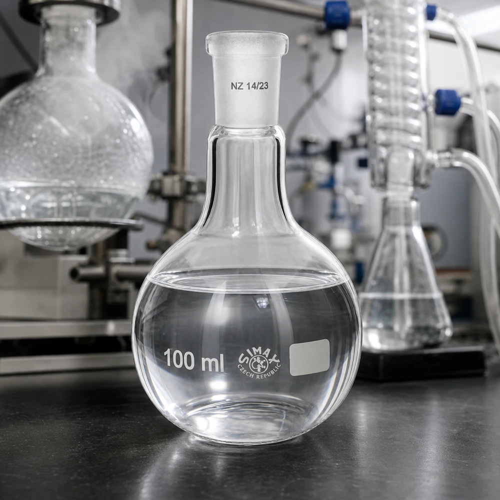 Platbodem kolf 100ml nauwe hals borosilicaat met slijpstuk 14/23 Vacuümdichte rondbodemkolf 100 ml met geslepen glas voor destillatie en extractie
