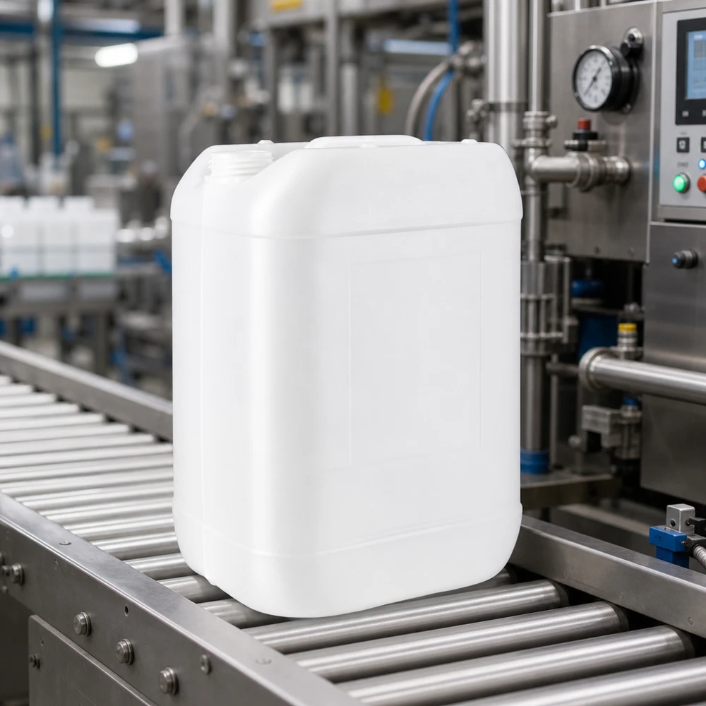 25l jerrycan, UN-toelating, zonder schroefsluiting Stapelbare witte jerrycan van 25 liter zonder sluiting, met ergonomische handgreep
