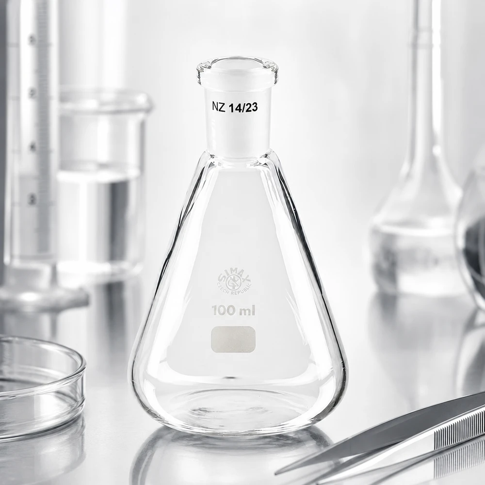Erlenmeyer 100ml nauwe hals borosilicaat met slijpstuk 14/23 Erlenmeyer 100ml nauwe hals borosilicaat met slijpstuk 14/23