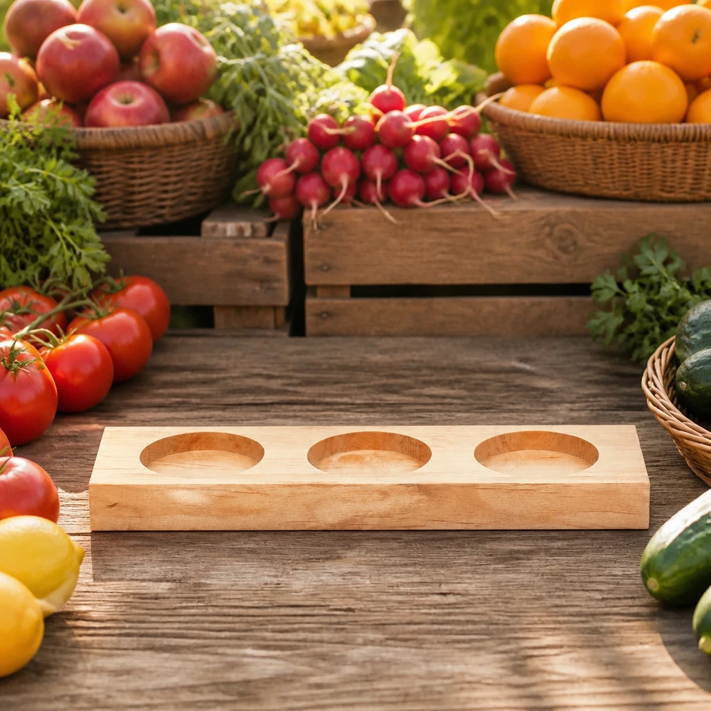 Serveerplank Plano3 voor 3 WECK-glazen Plano3 houten serveerplank tussen vers fruit en groenten op een rustieke houten tafel in boerenmarktstijl