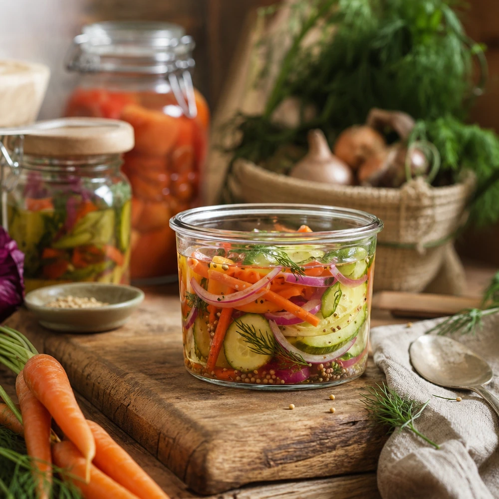 WECK RR40-pot van 35 ml WECK 35ml mason jar met ingemaakte groenten op houten plank, inmaakpot voor fermentatie en conservering