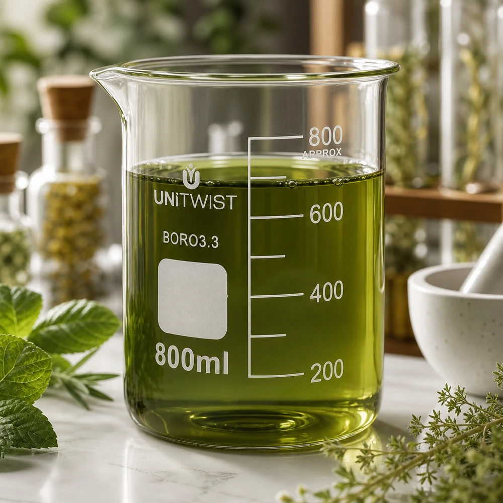 UNiTWIST laboratoriumbeker van 800 ml met een groene extractmorter en kruidenpotjes op de achtergrond