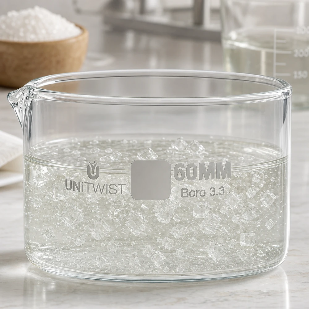 Kristalliseer schaal ø60mm borosilicaatglas UNiTWIST Open glazen schaal met een diameter van 60 mm en gezwollen acrylkristallen voor laboratoriumtoepassingen