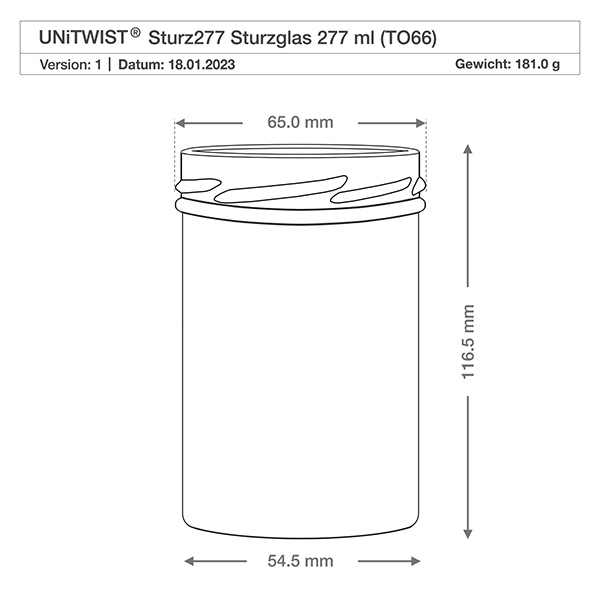 UNiTWIST Sturz277 beker 277ml TO66 met technische tekening Afmetingen 65mm diameter 116,5mm hoogte Gewicht 181g