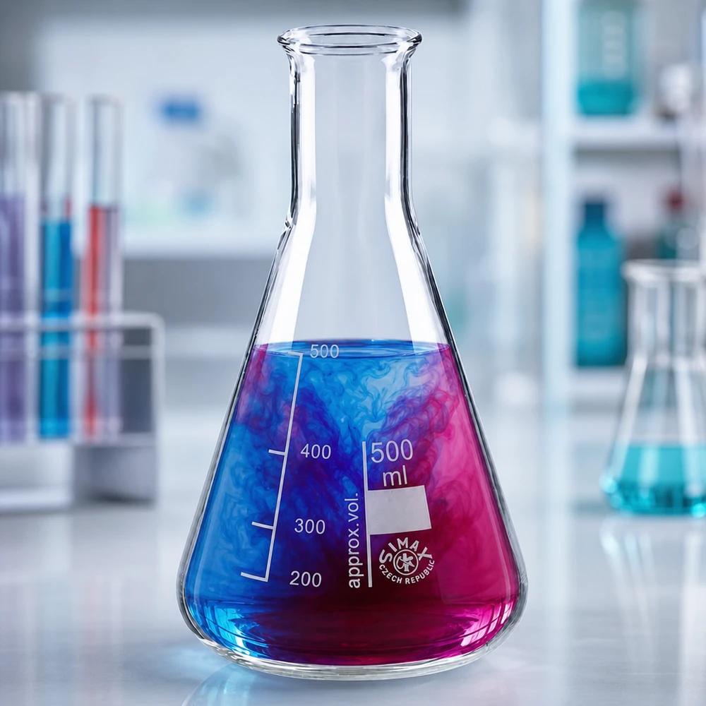 Erlenmeyer 500ml nauwe hals borosilicaat met afgeronde rand Erlenmeyer 500 ml van robuust laboratoriumglas met meerkleurige testoplossing