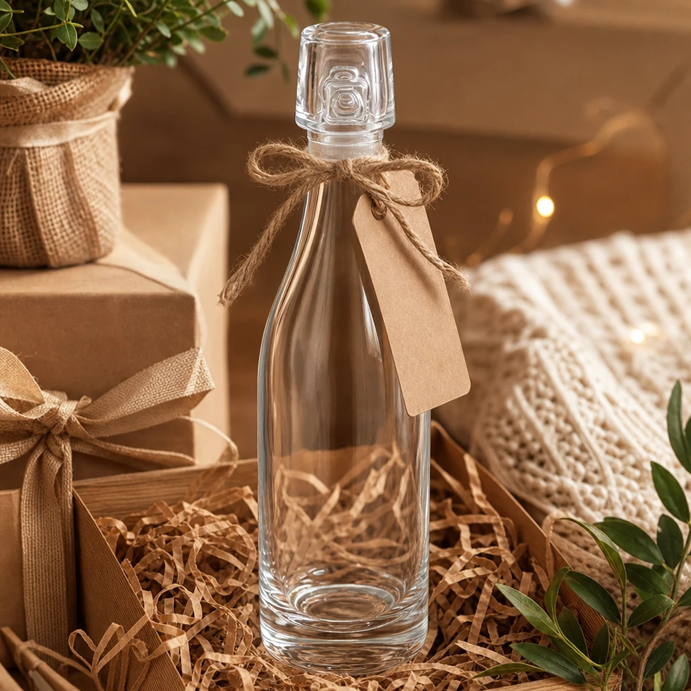50 ml glazen fles zonder UNiTWIST mechanische sluiting 50ml glazen fles UNiTWIST geschenkverpakking met jute koord en label in geschenkverpakking met rietje