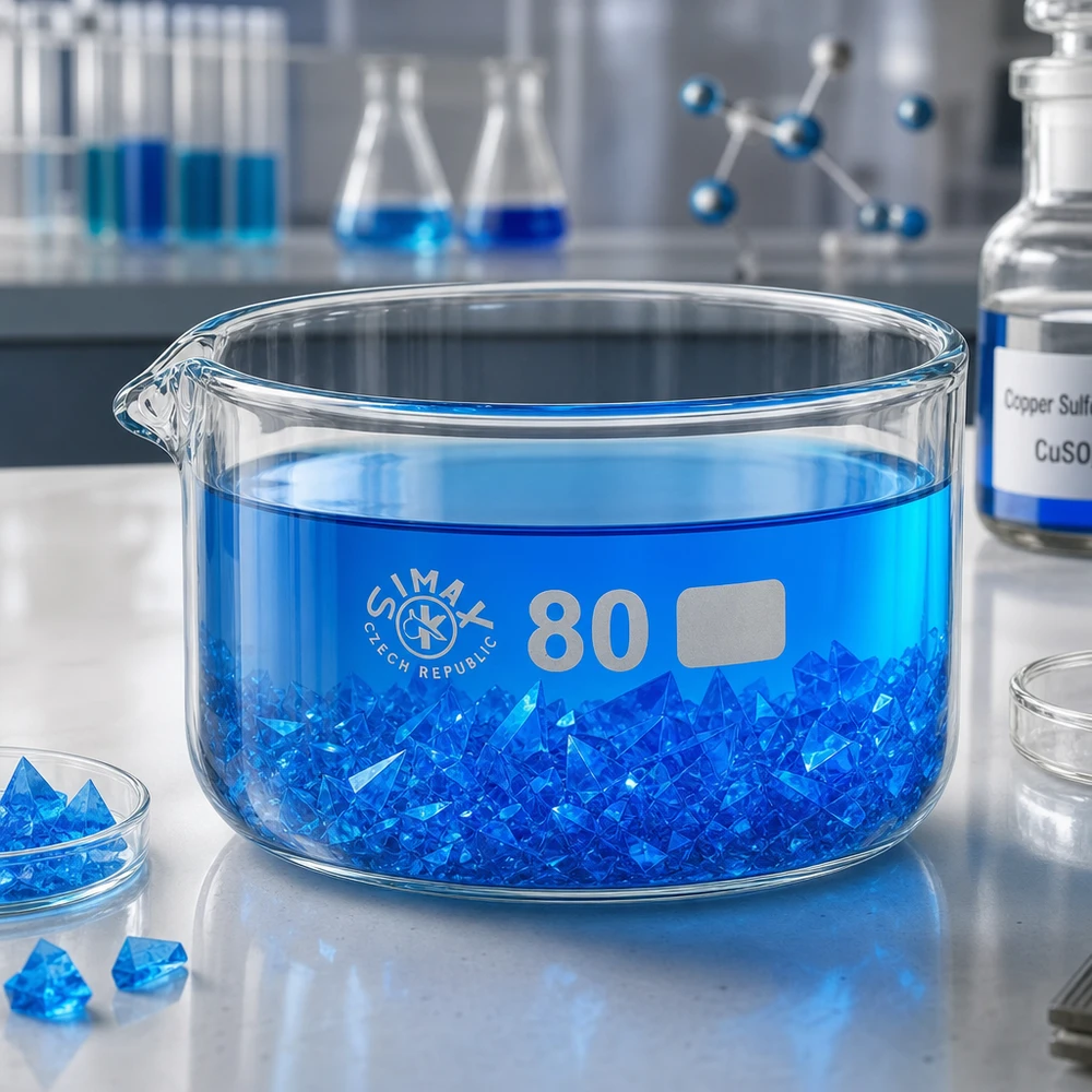 Kristallisatieschaal ø 80 mm, 150 ml, met blauwe oplossing en kopersulfaatkristallen