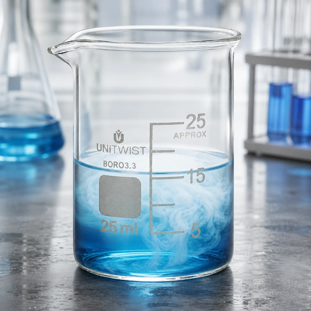 Beker 25ml borosilicaat, lage vorm UNiTWIST UNiTWIST laag glasbeker 25 ml met schenktuit en wit labelveld