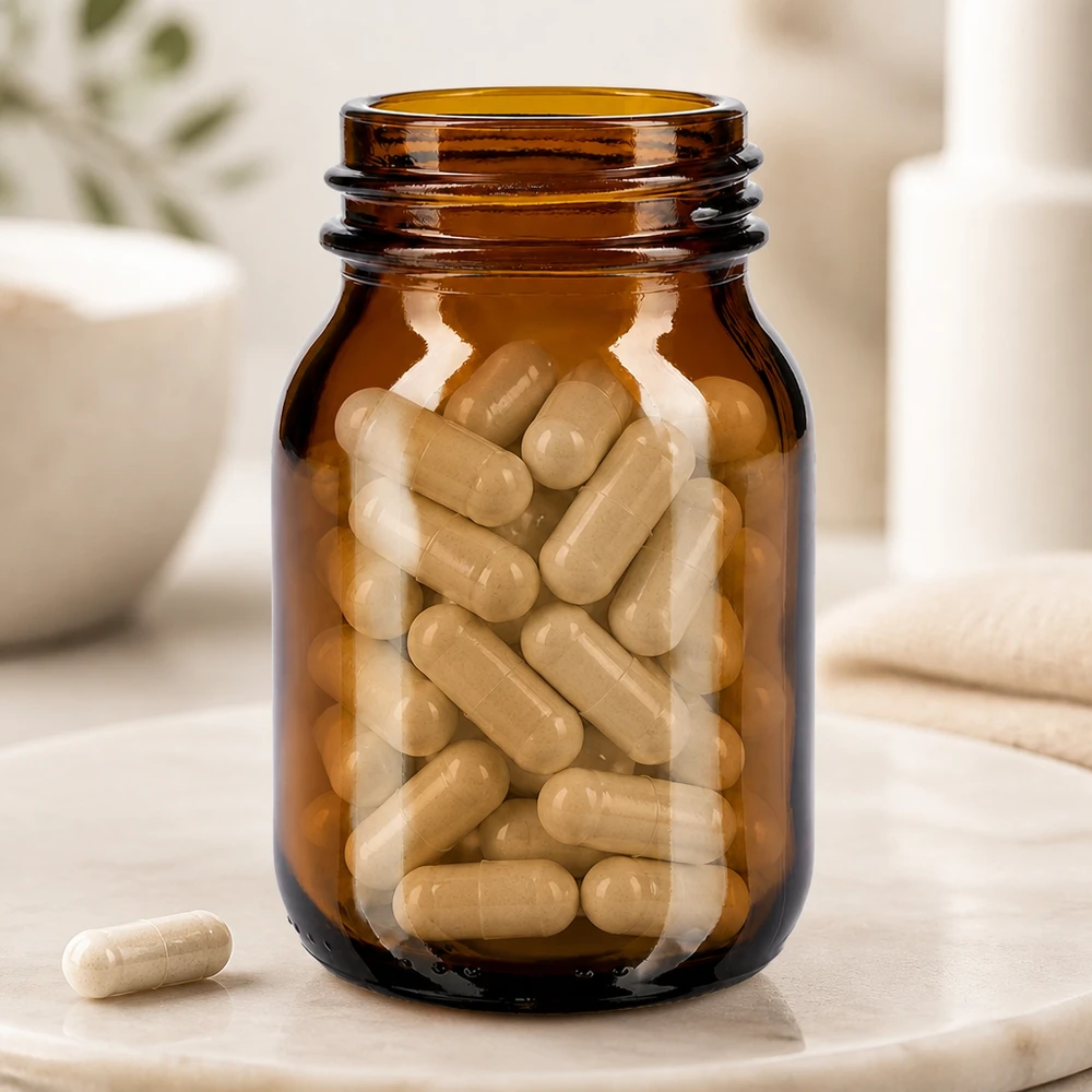 75ml amberkleurig glazen flesje met wijde hals en DIN 40 afwerking Compacte amberkleurige glazen wijdhalsfles van 75 ml met praktische DIN 40-opening voor voedingssupplementen