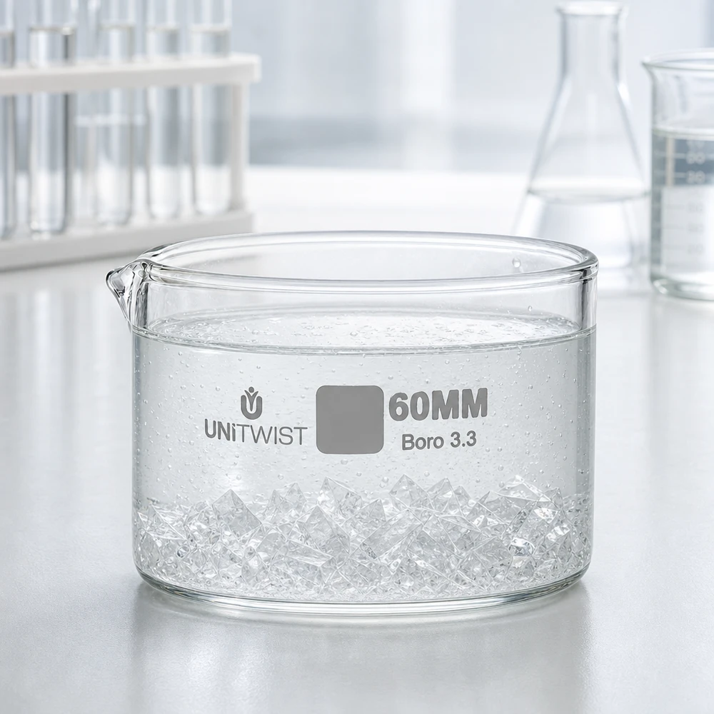 Kristalliseer schaal ø60mm borosilicaatglas UNiTWIST UNiTWIST-kristallisatieschaal 60 mm met zichtbare kristalstructuren in het water
