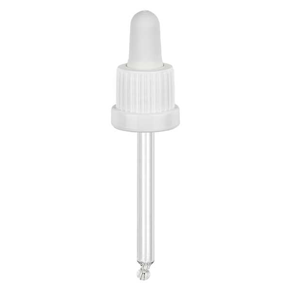 Glazen druppelpipet wit/wit 18 mm PL66 garantiesluiting (VR) Glazen druppelpipet wit/wit 18 mm PL66 garantiesluiting (VR)