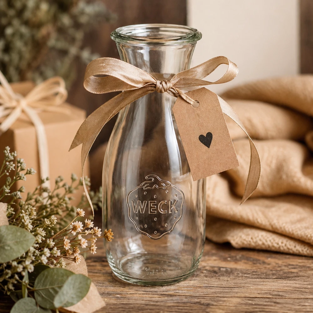 WECK RR60 sapfles van 530 ml WECK glazen fles 530ml RR60 decoratief met bruine strik en cadeaulabel op houten tafel met bloemen
