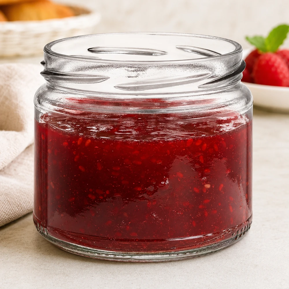 330ml rond glas zonder deksel (TO82) UNiTWIST UNiTWIST Runda330 ronde pot gevuld met rode jam Aardbeienjam op de achtergrond Ontbijttafel