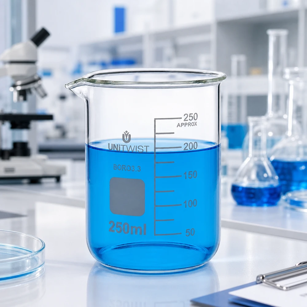 UNiTWIST 250 ml borosilicaatglasbeker, laag model met uitlopende tuit, voor laboratoria