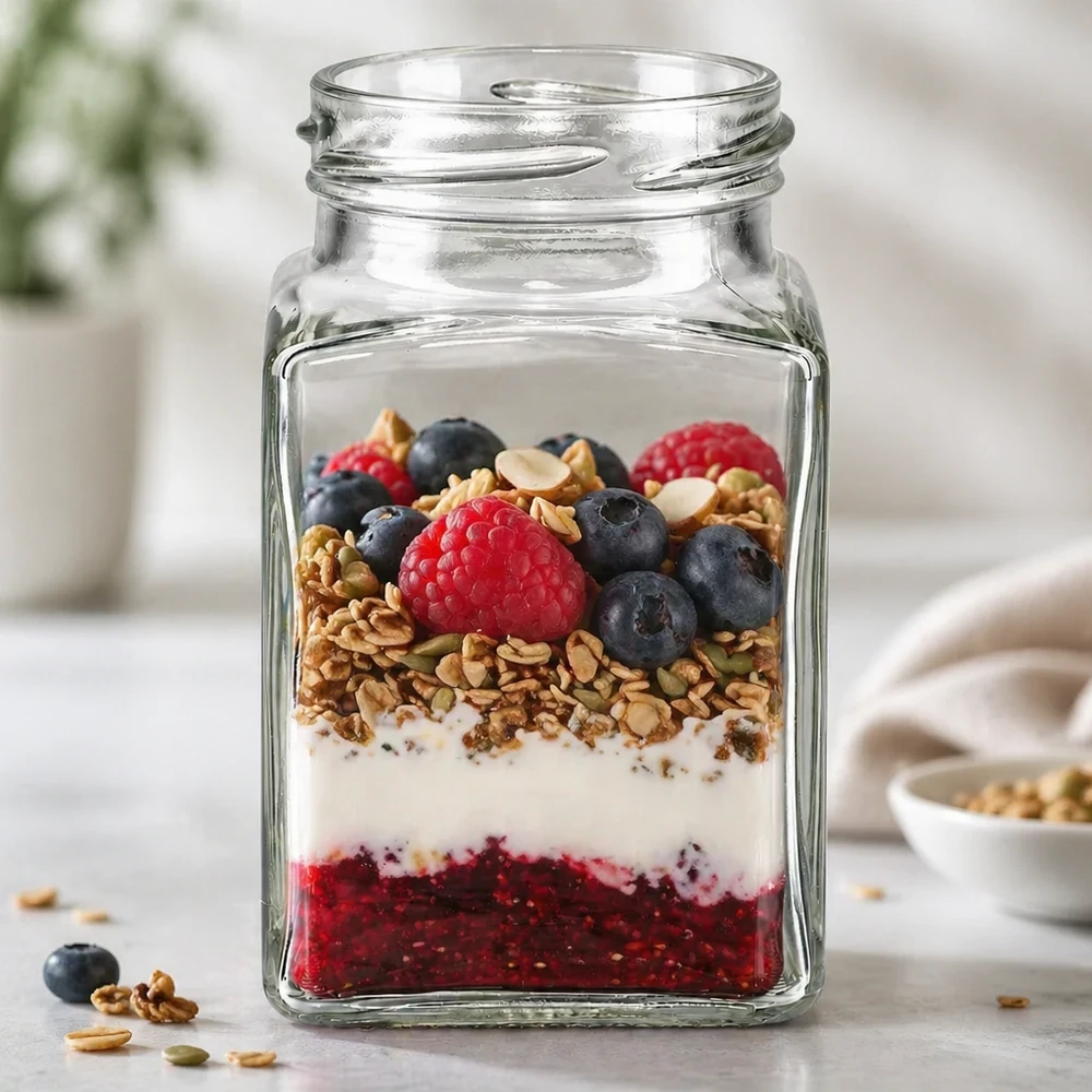 UNiTWIST Tetra260 4-hoek pot 260ml TO58 met muesli bessen en yoghurt als dessert in een pot op het aanrecht