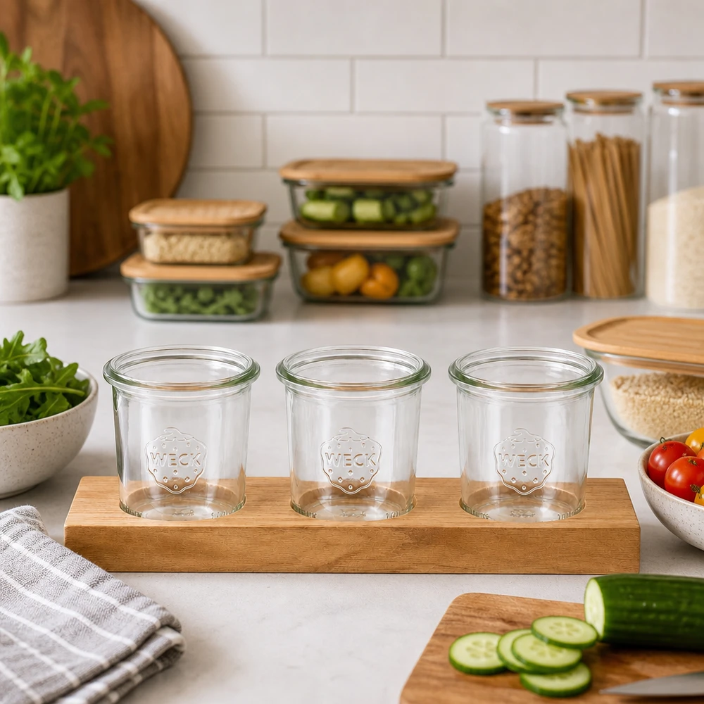 Serveerplank Plano3 met 3 Weck-glazen van 140 ml Plano3 serveerplank met lege 140ml WECK potten in een moderne keuken naast groente- en voorraadblikken