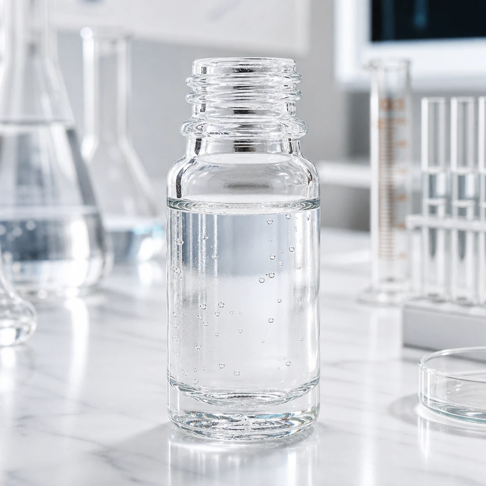 10ml apothekersfles ClearLine DIN18 UNiTWIST Apotheekflesje ClearLine DIN18 UNiTWIST van 10 ml, gevuld met helder water in een laboratoriumomgeving