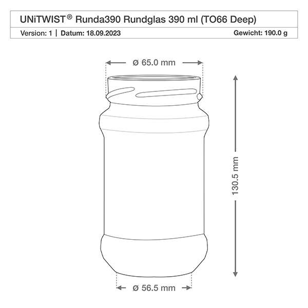 Technische tekening UNiTWIST Runda390 rond glas 390ml TO66 Diep met afmetingen 65mm diameter 130,5mm hoogte