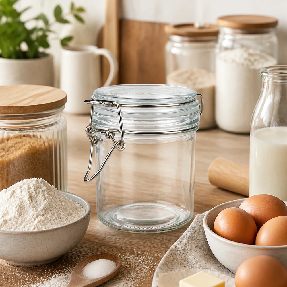 Transparante pot met zwenkbaar deksel van 250 ml voor het overzichtelijk bewaren van bloem en bakingrediënten
