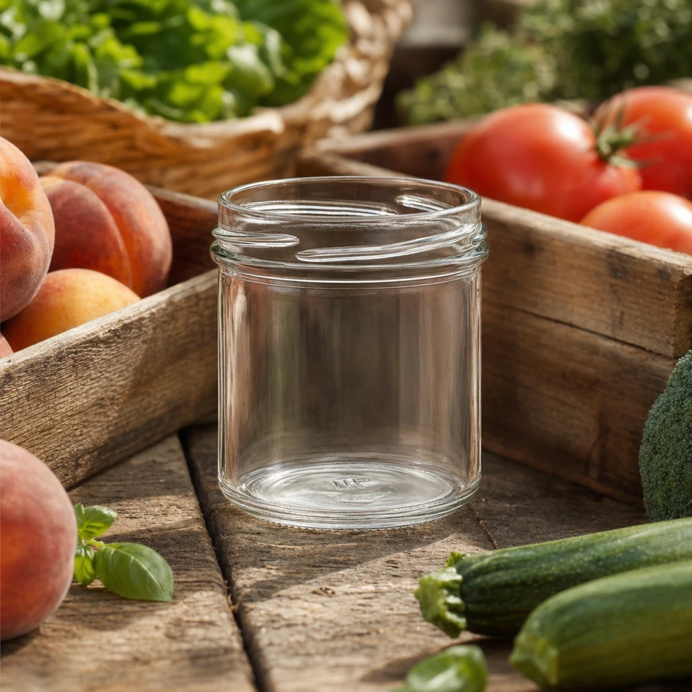 167ml beker zonder deksel (TO66) UNiTWIST Lege UNiTWIST bekers 167ml TO66 op houten tafel met verse tomaten perziken en groenten om in te maken