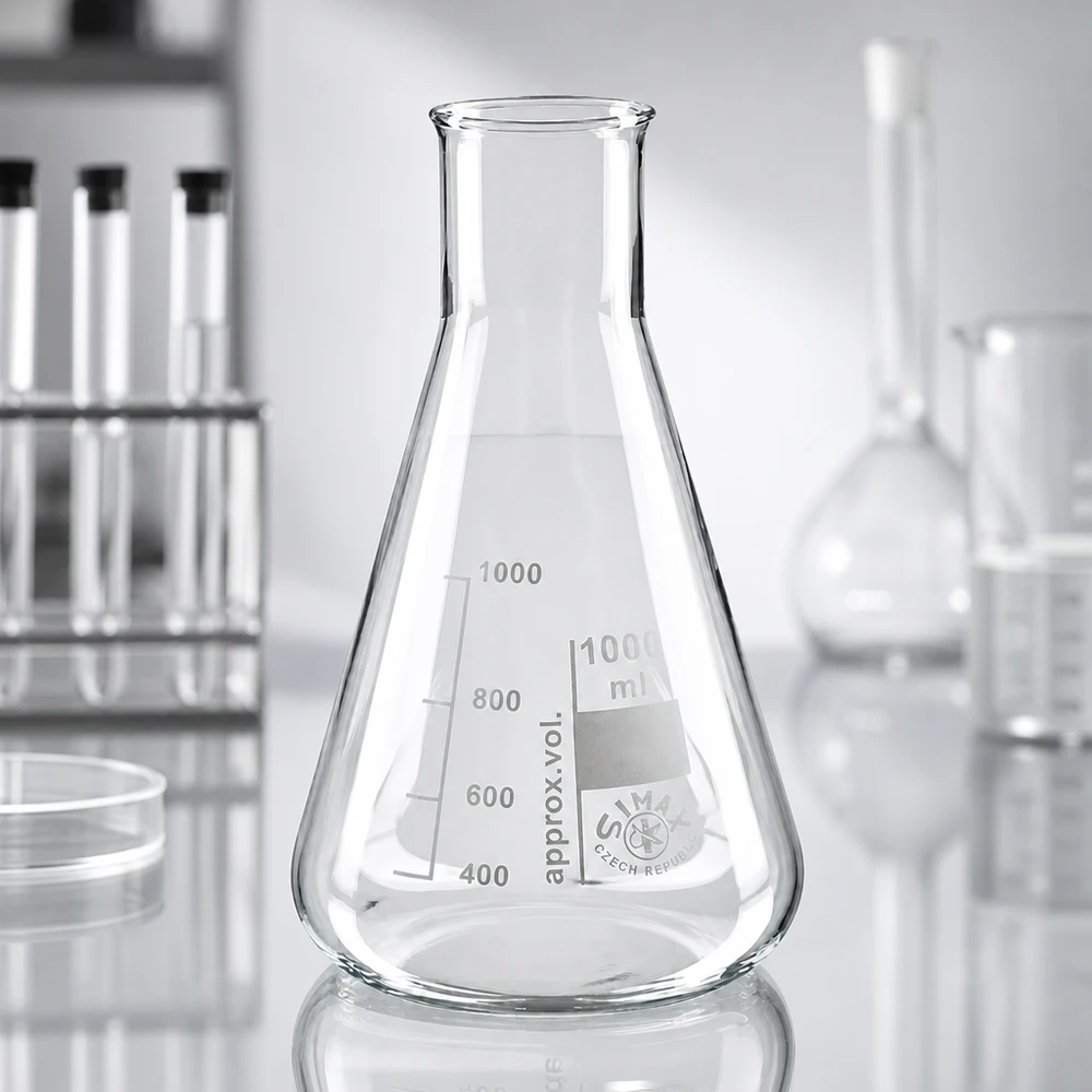 Erlenmeyer 200ml wijde hals borosilicaat met afgeronde rand Erlenmeyer 200ml met brede hals en stabiele basis voor een veilige stand in het laboratorium