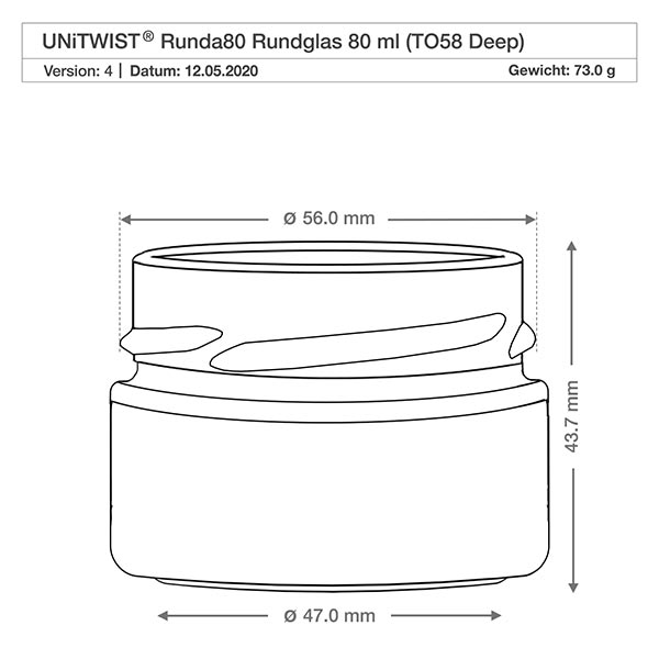 UNiTWIST rond glas 80ml TO58 Deep met afmetingen 56mm diameter en 43,7mm hoogte technische tekening
