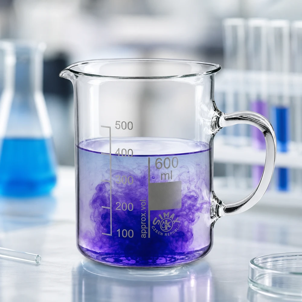 Bekerglas 600 ml van hittebestendig borosilicaatglas met handvat Simax maatbeker van 600 ml met handvat aan de zijkant en dubbele volumemarkering in ml
