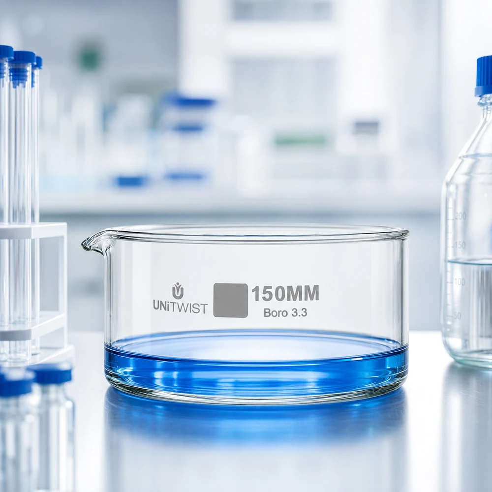 Kristalliseer schaal ø150mm borosilicaatglas UNiTWIST Kristallisatieschaal van borosilicaatglas 3.3 UNiTWIST 150 mm met blauwe chemische stof in een laboratoriumomgeving