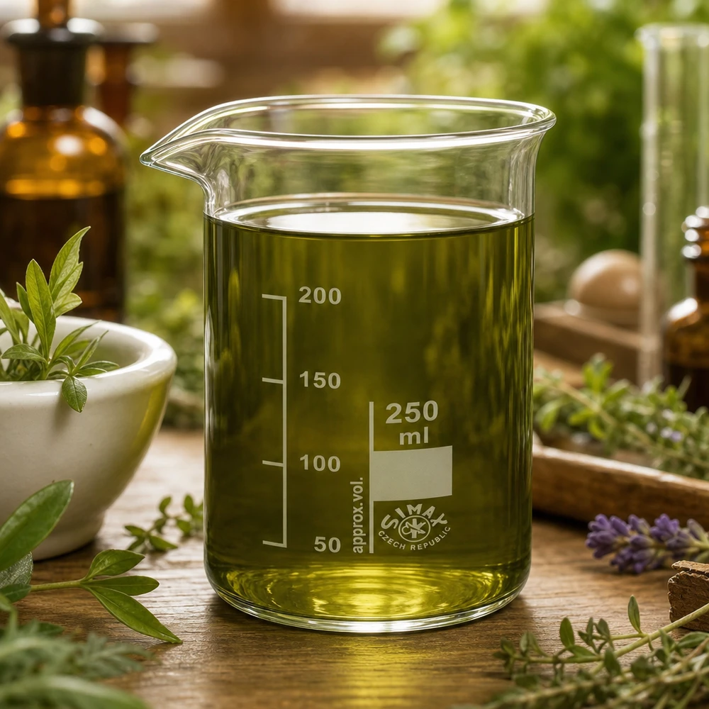 Bekerglas 250 ml van hittebestendig borosilicaatglas (hoog model) Hoogvormig bekerglas van 250 ml met olijfgroene vloeistof voor de extractie van kruiden en natuurlijke stoffen
