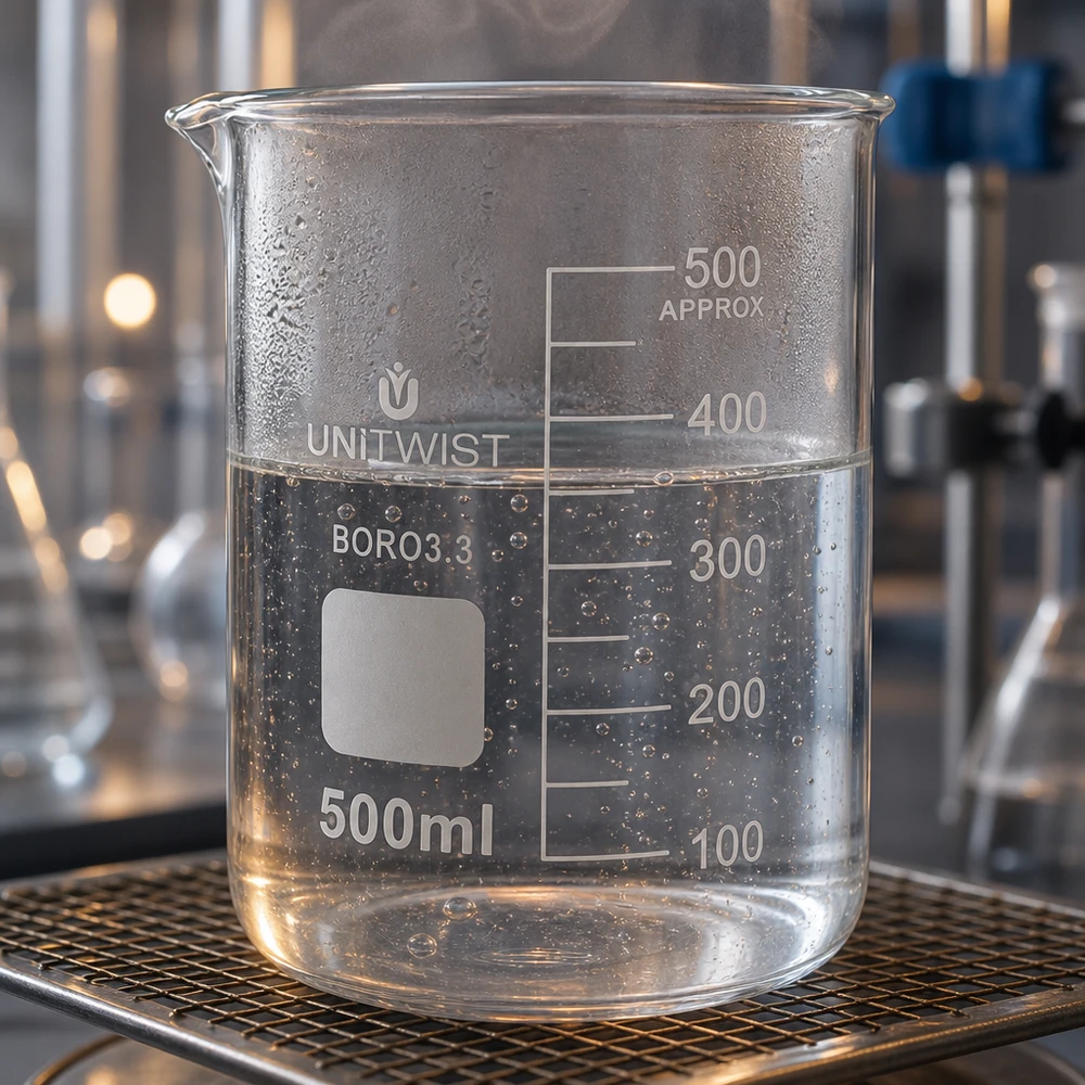 Becherglas 500 ml UNiTWIST, laag model, op metalen draadrooster, geschikt voor laboratoriumbranders