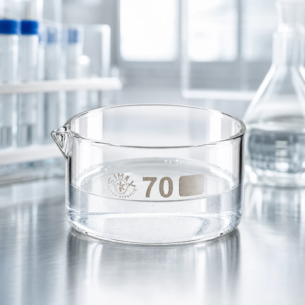 Kristalliseerschaal 100ml met schenktuit Kristallisatieschaal met een diameter van 70 mm en een karakteristieke tuit voor nauwkeurig decanteren