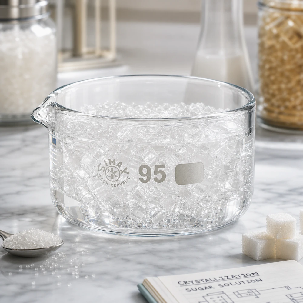 Vlakke ronde schaal van borosilicaatglas, 300 ml, met een uitgietmond van ø95 mm, gevuld met een kristallijne substantie
