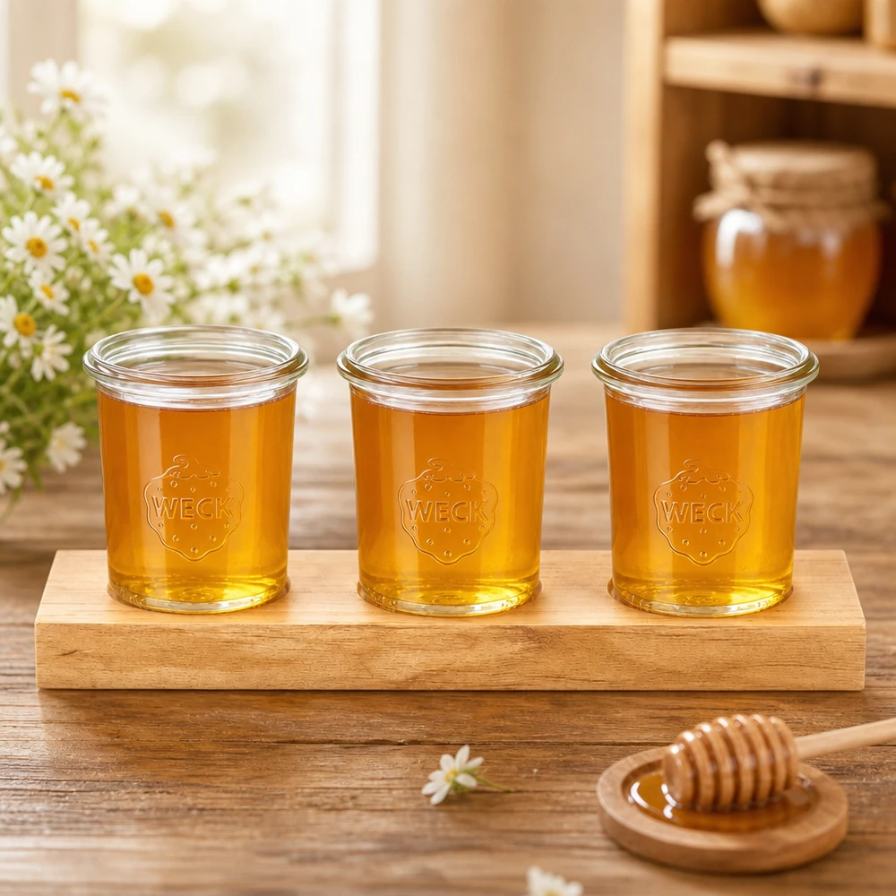 Serveerplank Plano3 met 3 Weck-glazen van 160 ml Drie Weck 160ml bekers met gouden honing op een Plano3 serveerplank naast een honinglepel en bloemdecoratie