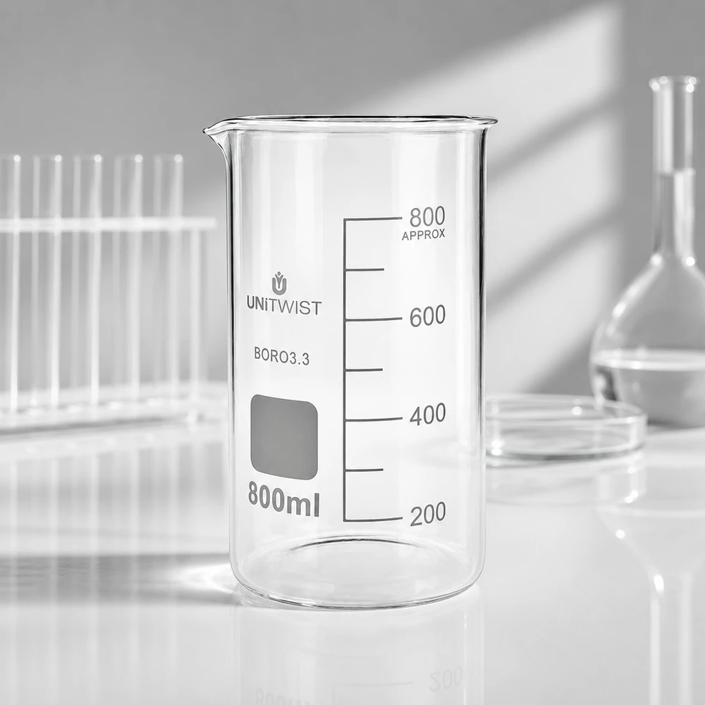 Beker 800ml borosilicaat, hoge vorm UNITWIST UNITWIST bekerglas 800 ml, borosilicaatglas, hoge vorm, met ruimte voor aantekeningen en milliliteraanduiding