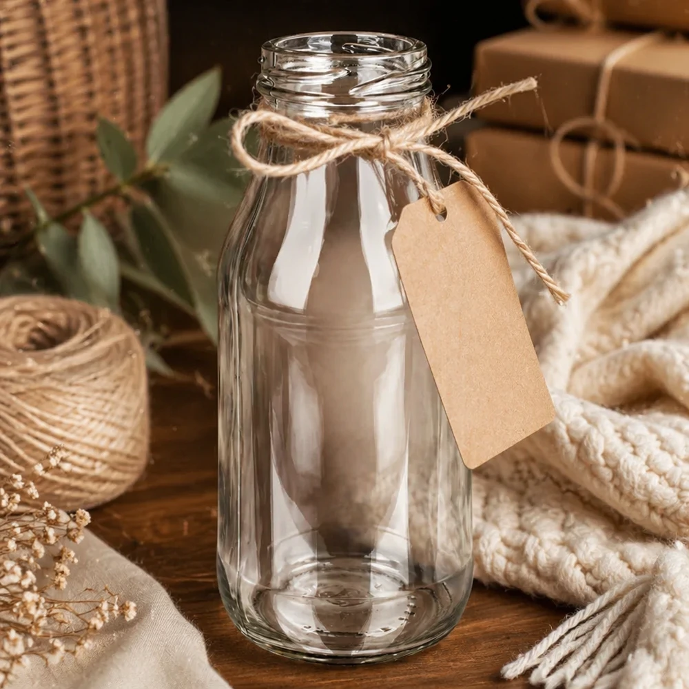 Glazen fles 263ml TO43 UNiTWIST Fles263 met jute koord en hanger op houten tafel met decoratie