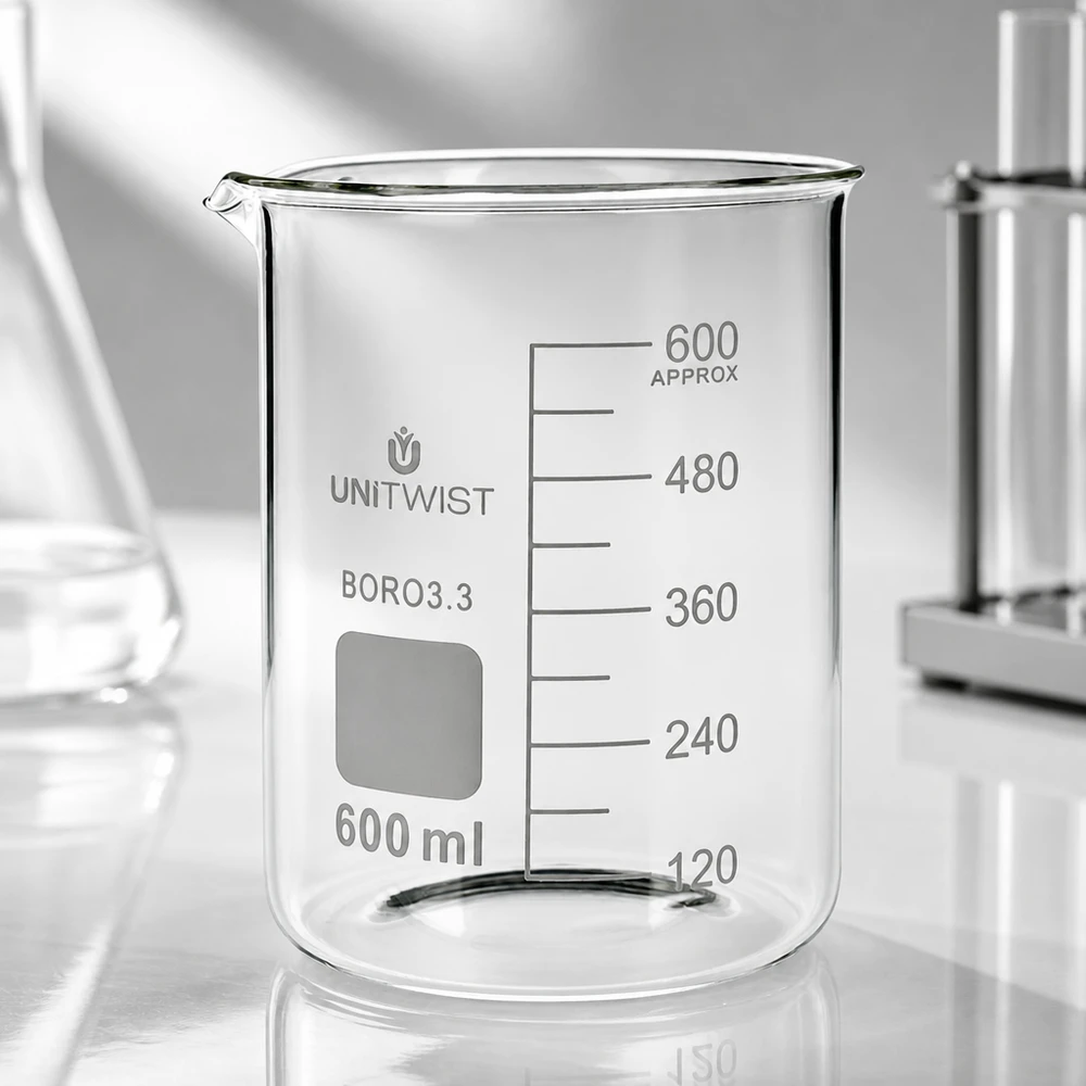 UNiTWIST laboratoriumglas 600 ml, lage bekervorm van Boro3.3 met nauwkeurige volumeschaal tot 600 ml