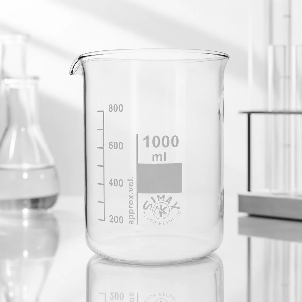Bekerglas 1000 ml van hittebestendig borosilicaatglas (laag model) Transparante beker 1000ml met schenktuit en volumemarkeringen voor nauwkeurige metingen